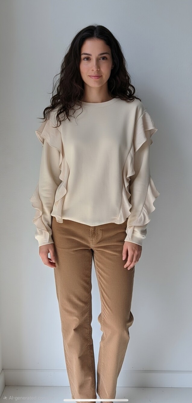 Ruffle-Trim Cream Long-Sleeve Sweatshirt Boho Chic Medium A New Day
